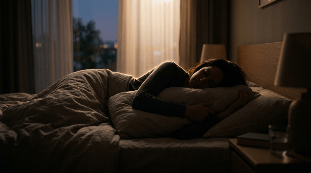 A woman sleeping on her side hugging a pillow in a dimly lit bedroom with curtains drawn