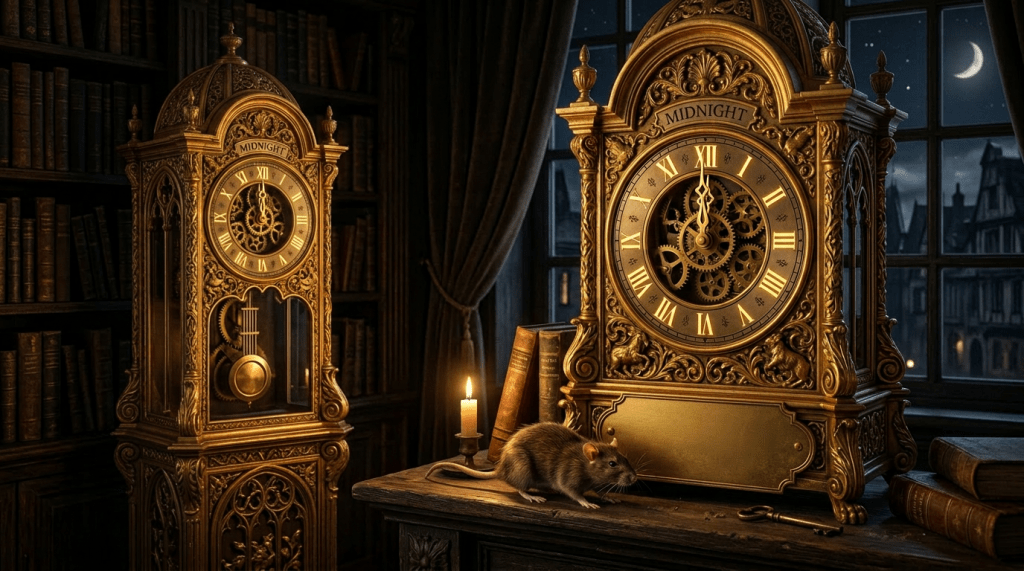 Two ornate golden clocks showing midnight with visible gears and a rat on a desk with books and candle